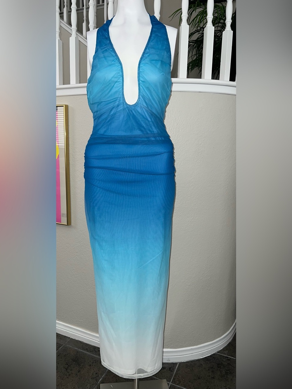 NWOT! Blue Ombre Halter Maxi Dress - Sleeveless Deep V
